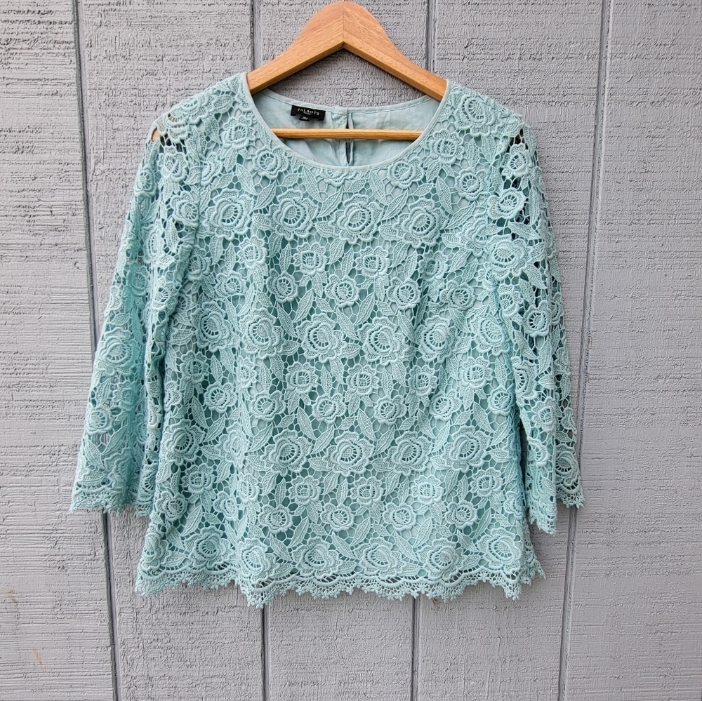 Talbots Lace Overlay Blouse sz 10P Cotton Seafoam Blue Green Chic Feminine